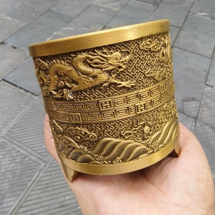 銅 細工 レリーフ三足龍鳳筆筒 筆置 筆棚 書道具 文房具工芸品美術品 置物