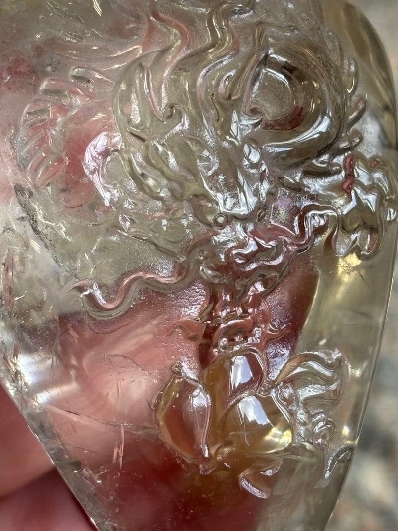 天然シトリン　龍の手彫り置物　流木台座付き　レインボーあり　236g 天然石