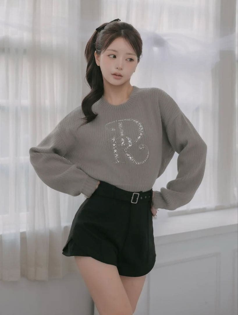 Darich ダーリッチ DRビジューボリュームリブニットトップス グレー