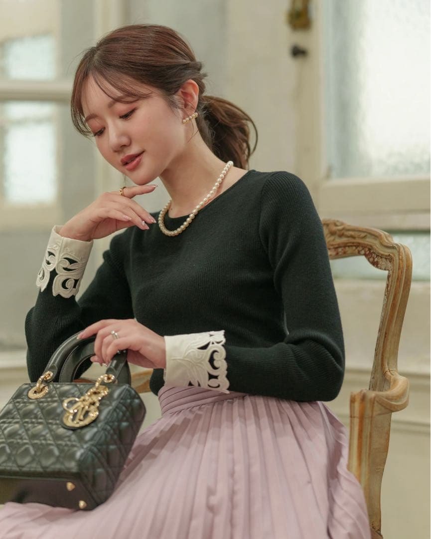 メゾンエシェル/レースカフスリブニット