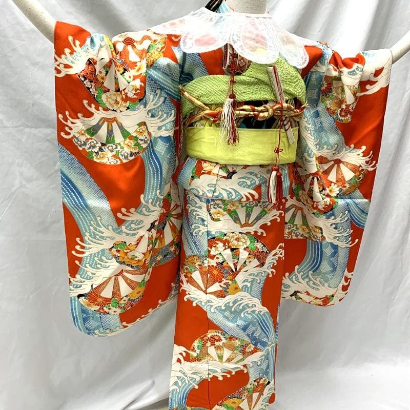 508ag72□七五三 七歳 女児 着物&袋帯&長襦袢 荒波 源氏車□状態良好