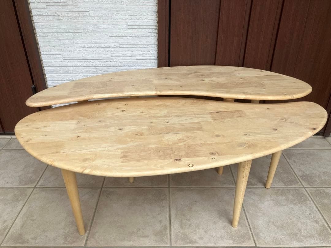 【美品】天然木ラバーウッド ◉曲線が美しいローテーブル◉2点セット