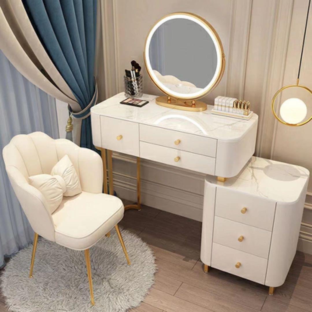 北欧風  100cmオシャレドレッサーレザー調 大理石天板 LEDミラー